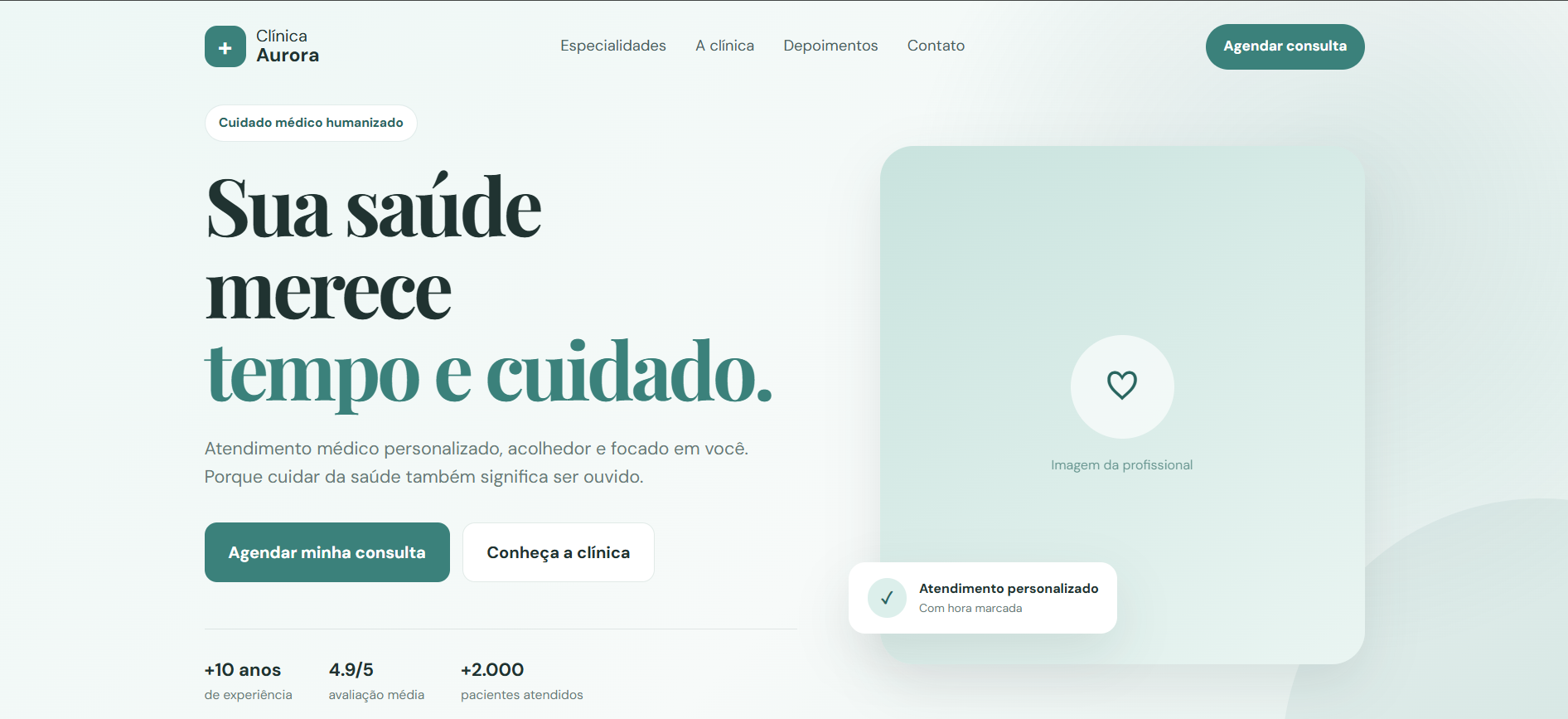 Página do projeto Clínica Aurora, plano Essencial